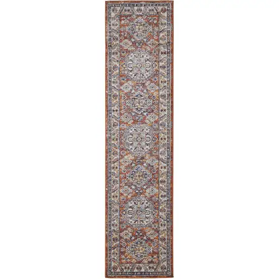 8' Ivory Blue and Orange Medallion Runner Rug Photo 2