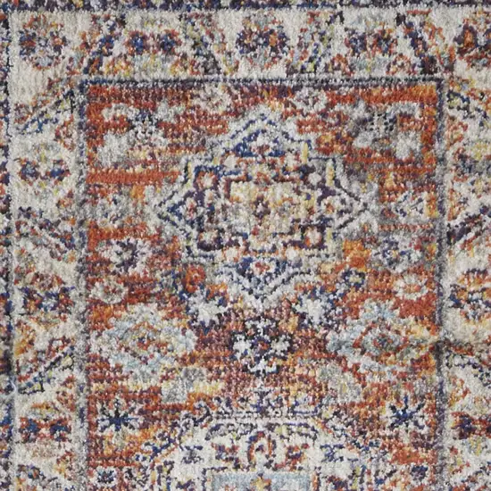 8' Ivory Blue and Orange Medallion Runner Rug Photo 5