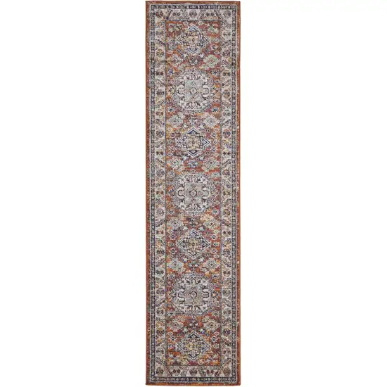 8' Ivory Blue and Orange Medallion Runner Rug Photo 4