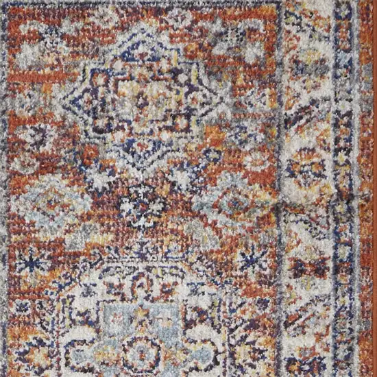 10' Ivory Blue and Orange Medallion Runner Rug Photo 5