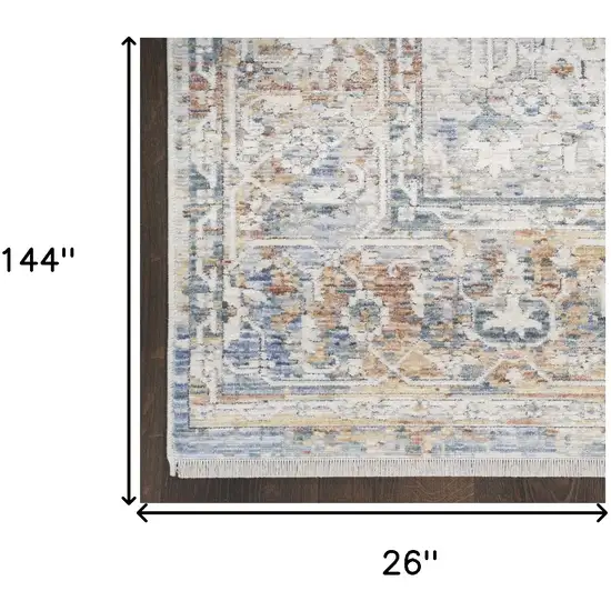 12' Ivory Blue and Orange Oriental Power Loom Distressed Runner Rug Photo 8