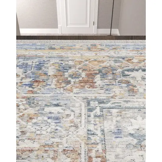 12' Ivory Blue and Orange Oriental Power Loom Distressed Runner Rug Photo 2