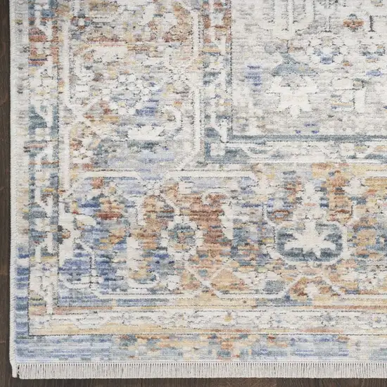 12' Ivory Blue and Orange Oriental Power Loom Distressed Runner Rug Photo 6