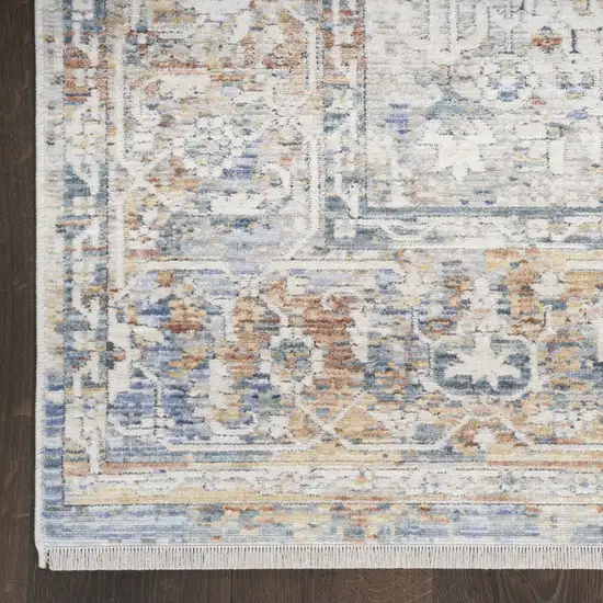 12' Ivory Blue and Orange Oriental Power Loom Distressed Runner Rug Photo 1