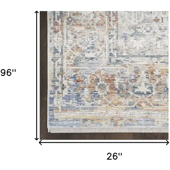 8' Ivory Blue and Orange Oriental Power Loom Distressed Runner Rug Photo 8