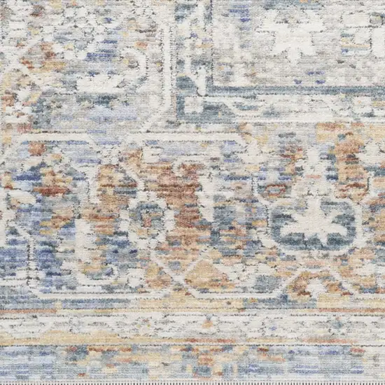 8' Ivory Blue and Orange Oriental Power Loom Distressed Runner Rug Photo 5