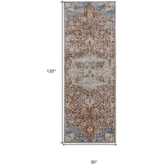 10' Ivory Blue and Orange Oriental Power Loom Runner Rug With Fringe Photo 3