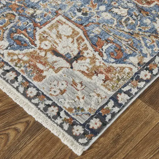 10' Ivory Blue and Orange Oriental Power Loom Runner Rug With Fringe Photo 5