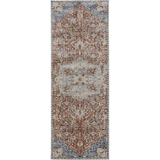 10' Ivory Blue and Orange Oriental Power Loom Runner Rug With Fringe Photo 2