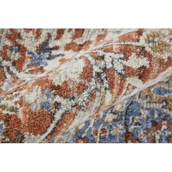 12' Ivory Blue and Orange Oriental Power Loom Runner Rug With Fringe Photo 7