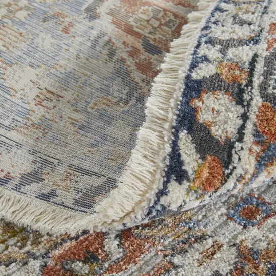 12' Ivory Blue and Orange Oriental Power Loom Runner Rug With Fringe Photo 8