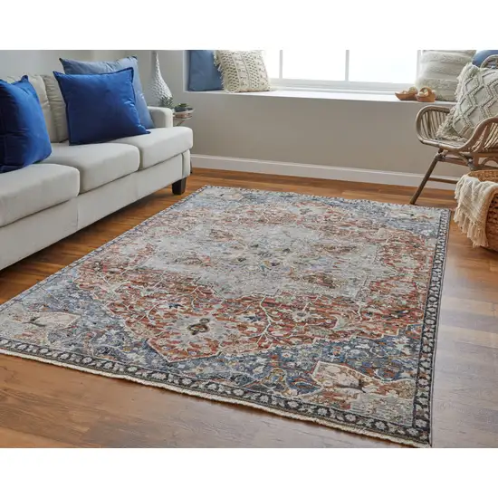 8' Ivory Blue and Orange Oriental Power Loom Runner Rug With Fringe Photo 5