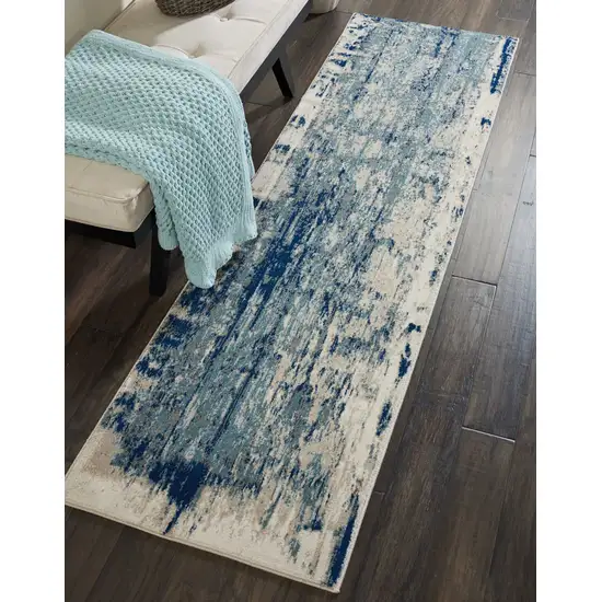 8' Ivory Blue and Slate Gray Abstract Non Skid Runner Rug Photo 8