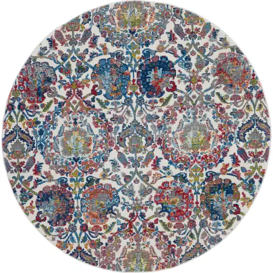 4' Ivory Blue and Yellow Floral Distressed Non Skid Round Rug Photo 2