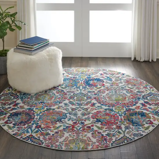 4' Ivory Blue and Yellow Floral Distressed Non Skid Round Rug Photo 9