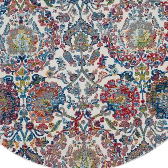 4' Ivory Blue and Yellow Floral Distressed Non Skid Round Rug Photo 7