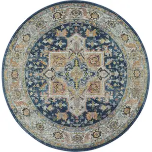 Photo of 4' Ivory Blue and Yellow Floral Medallion Distressed Non Skid Round Rug