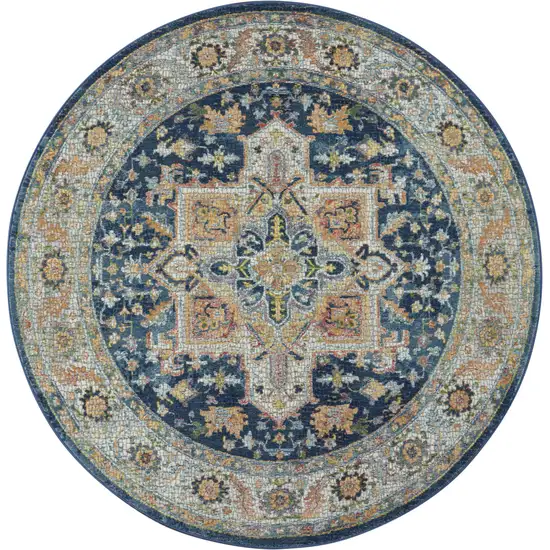 4' Ivory Blue and Yellow Floral Medallion Distressed Non Skid Round Rug Photo 1