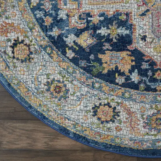 4' Ivory Blue and Yellow Floral Medallion Distressed Non Skid Round Rug Photo 2