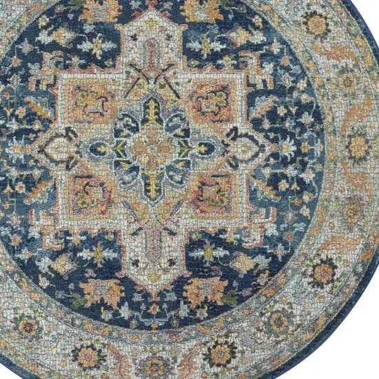 4' Ivory Blue and Yellow Floral Medallion Distressed Non Skid Round Rug Photo 5