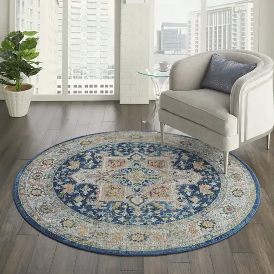 4' Ivory Blue and Yellow Floral Medallion Distressed Non Skid Round Rug Photo 7