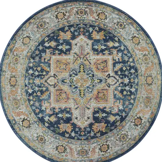 4' Ivory Blue and Yellow Floral Medallion Distressed Non Skid Round Rug Photo 6