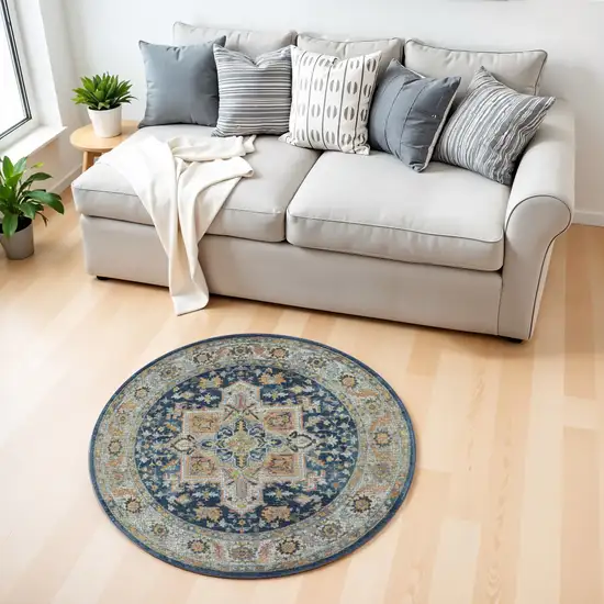 4' Ivory Blue and Yellow Floral Medallion Distressed Non Skid Round Rug Photo 9