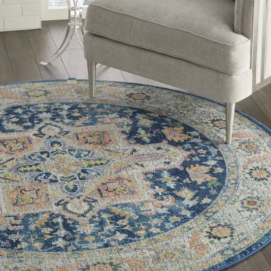 4' Ivory Blue and Yellow Floral Medallion Distressed Non Skid Round Rug Photo 8