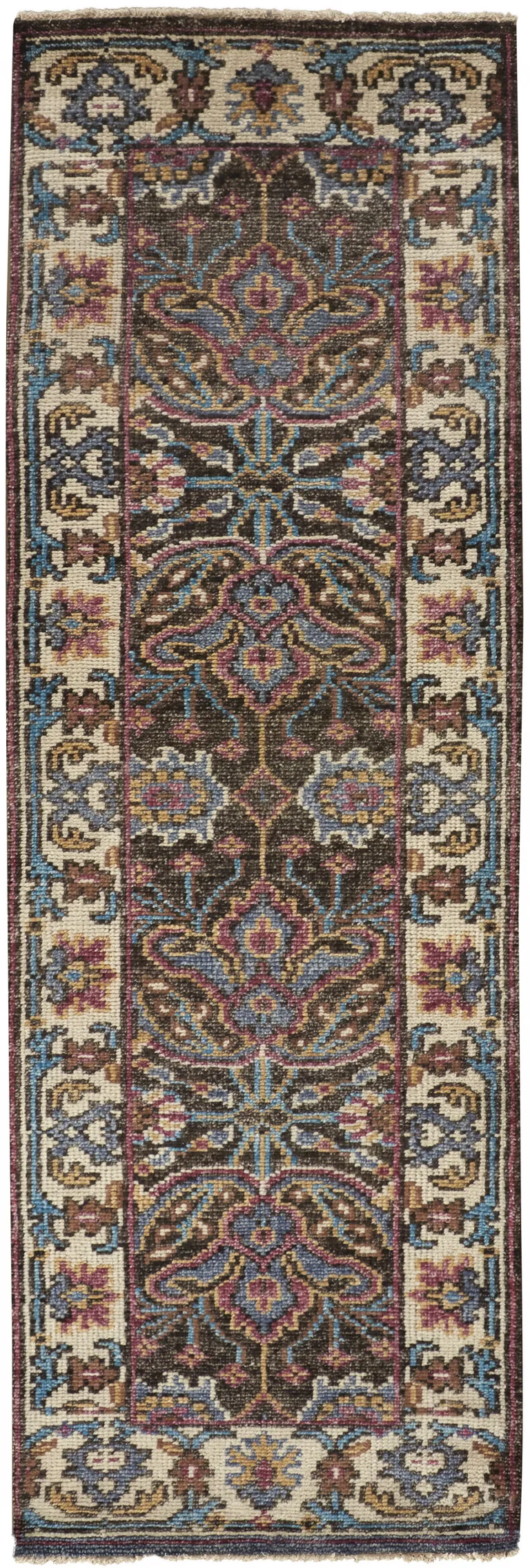 8' Ivory Brown And Blue Wool Floral Hand Knotted Distressed Stain Resistant Runner Rug With Fringe Photo 1