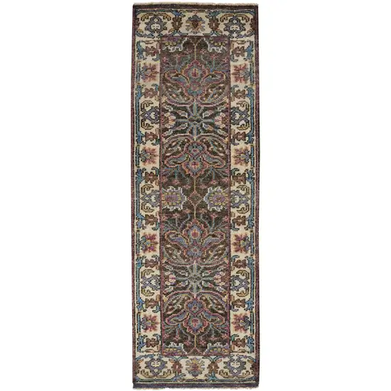 8' Ivory Brown And Blue Wool Floral Hand Knotted Distressed Stain Resistant Runner Rug With Fringe Photo 1