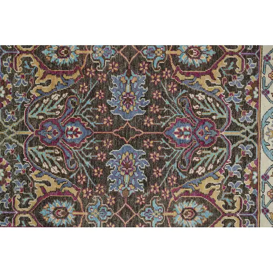 8' Ivory Brown And Blue Wool Floral Hand Knotted Distressed Stain Resistant Runner Rug With Fringe Photo 3