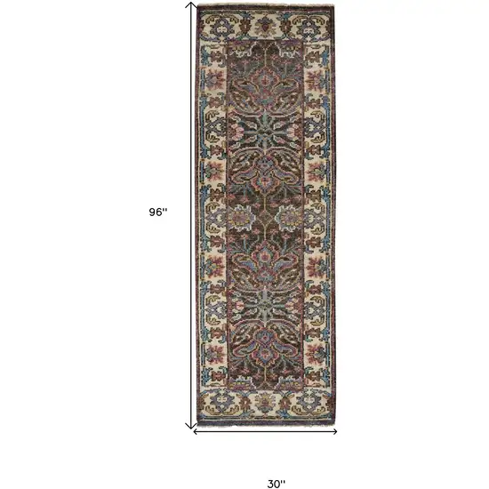 8' Ivory Brown And Blue Wool Floral Hand Knotted Distressed Stain Resistant Runner Rug With Fringe Photo 6