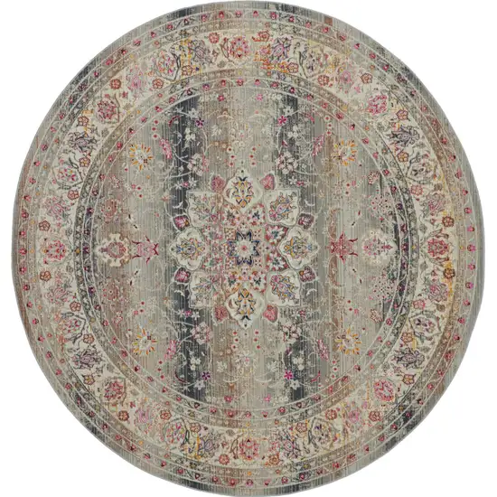 6' Ivory Brown And Gray Floral Distressed Round Rug Photo 2