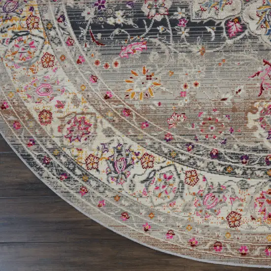 6' Ivory Brown And Gray Floral Distressed Round Rug Photo 4