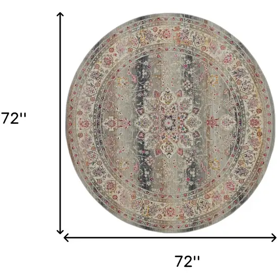 6' Ivory Brown And Gray Floral Distressed Round Rug Photo 3