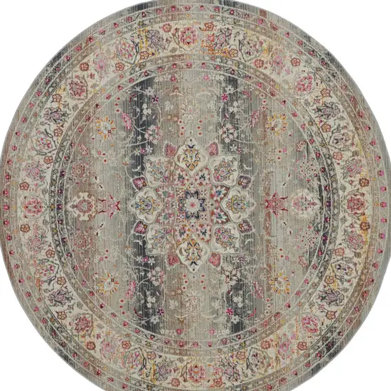 6' Ivory Brown And Gray Floral Distressed Round Rug Photo 8