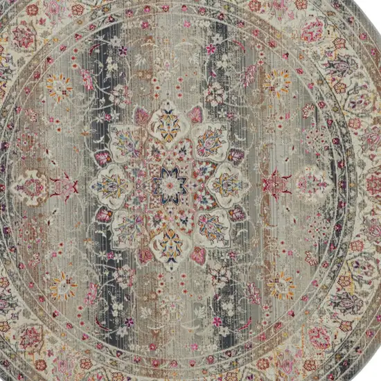 6' Ivory Brown And Gray Floral Distressed Round Rug Photo 7