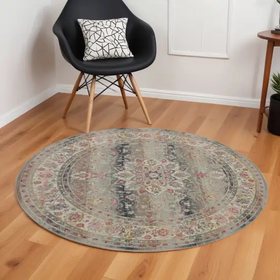 6' Ivory Brown And Gray Floral Distressed Round Rug Photo 1