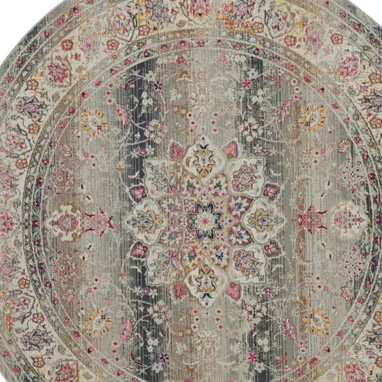 4' Ivory Brown And Gray Floral Distressed Round Rug Photo 7