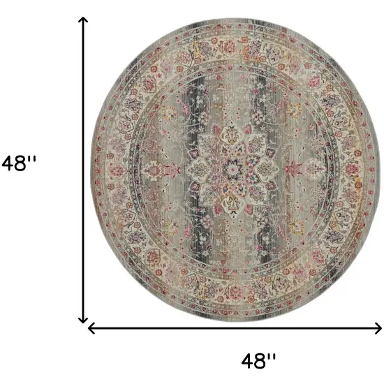 4' Ivory Brown And Gray Floral Distressed Round Rug Photo 3