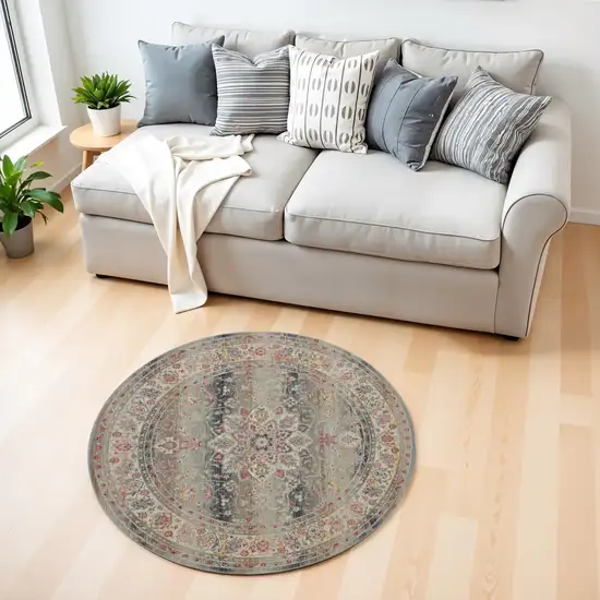 4' Ivory Brown And Gray Floral Distressed Round Rug Photo 1