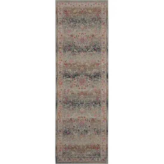 8' Ivory Brown And Gray Floral Distressed Runner Rug Photo 2