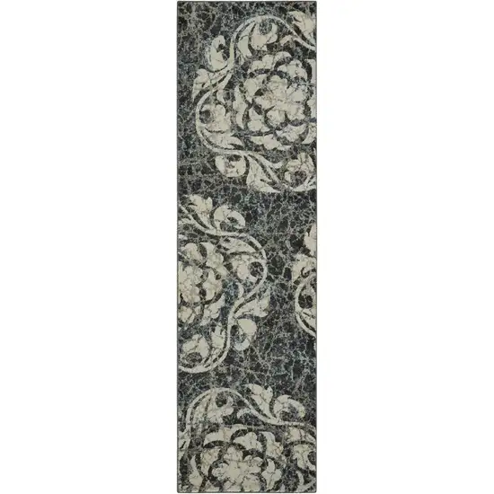 8' Ivory Charcoal and Gray Floral Distressed Non Skid Runner Rug Photo 2