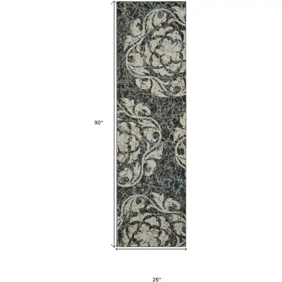 8' Ivory Charcoal and Gray Floral Distressed Non Skid Runner Rug Photo 3