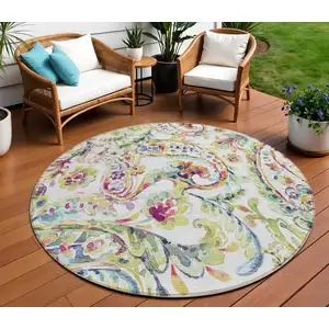 Photo of 8' Ivory Fern Green And Artichoke Green Round Paisley Washable Indoor Outdoor Area Rug