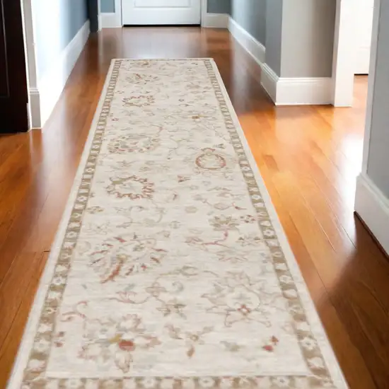 10' Ivory Floral Power Loom Distressed Runner Rug Photo 2