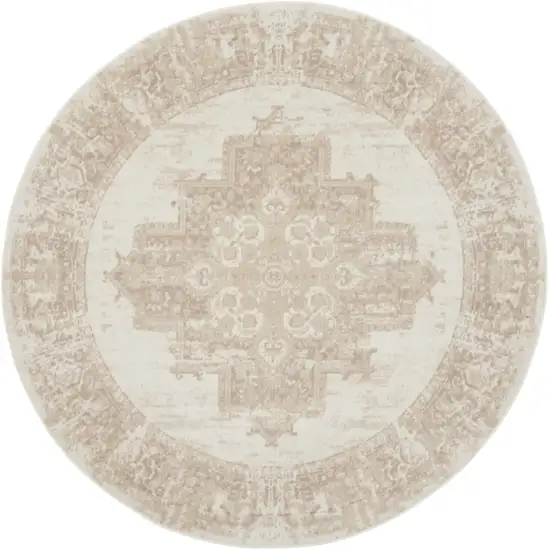 8' Ivory Floral Power Loom Round Rug Photo 4