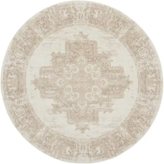 8' Ivory Floral Power Loom Round Rug Photo 5