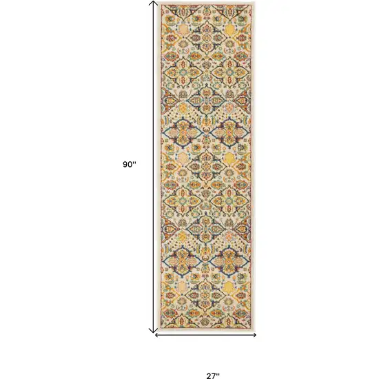 8' Ivory Floral Power Loom Runner Rug Photo 8