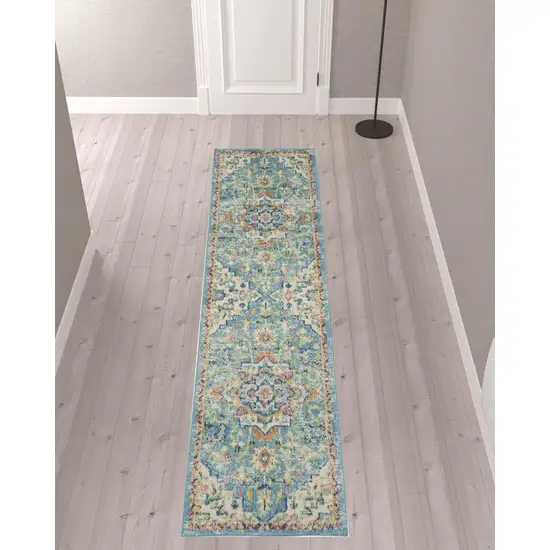 10' Ivory Floral Power Loom Runner Rug Photo 2